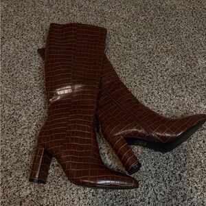 Brown Croc-Texture Knee Boots - Women's Fashion Boots
